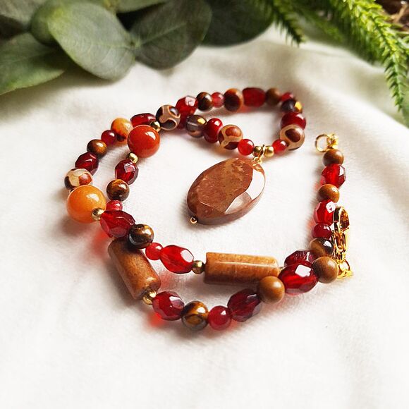 Brown Jasper & Red Jade Beaded Pendant Necklace - 24k Gold Plated Stainless - Picture 12 of 16